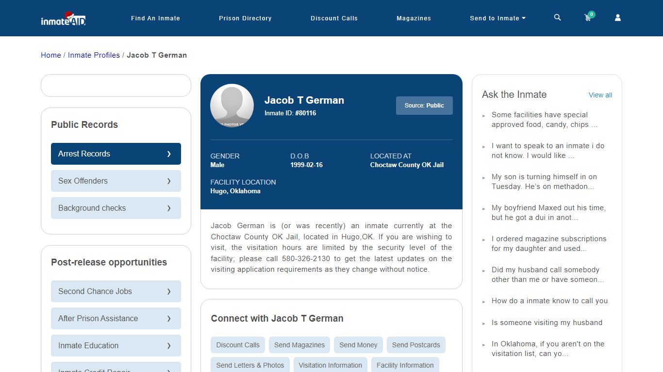 Inmate Search: Jacob T German 80116, Hugo, Oklahoma